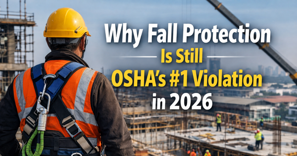 Construction worker wearing fall protection harness on a jobsite, representing Coastal Safety Supply fall protection safety training and OSHA compliance in 2026.