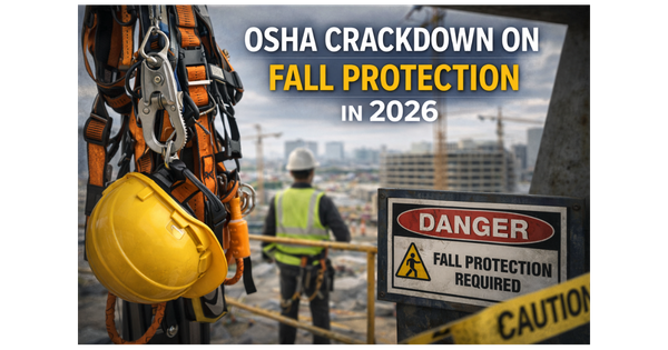 Fall protection harness and hard hat at construction site with worker in background