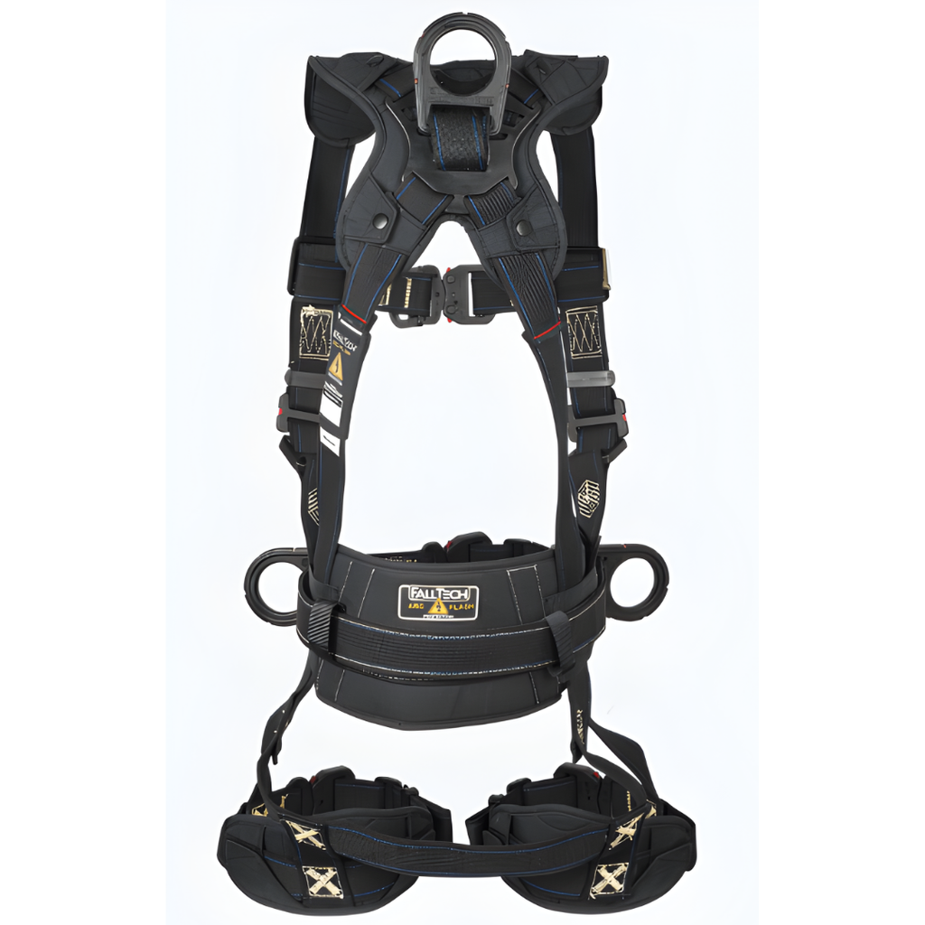 FallTech FT-Arc Flash 4D climbing harness front view with leg pads and waist pad